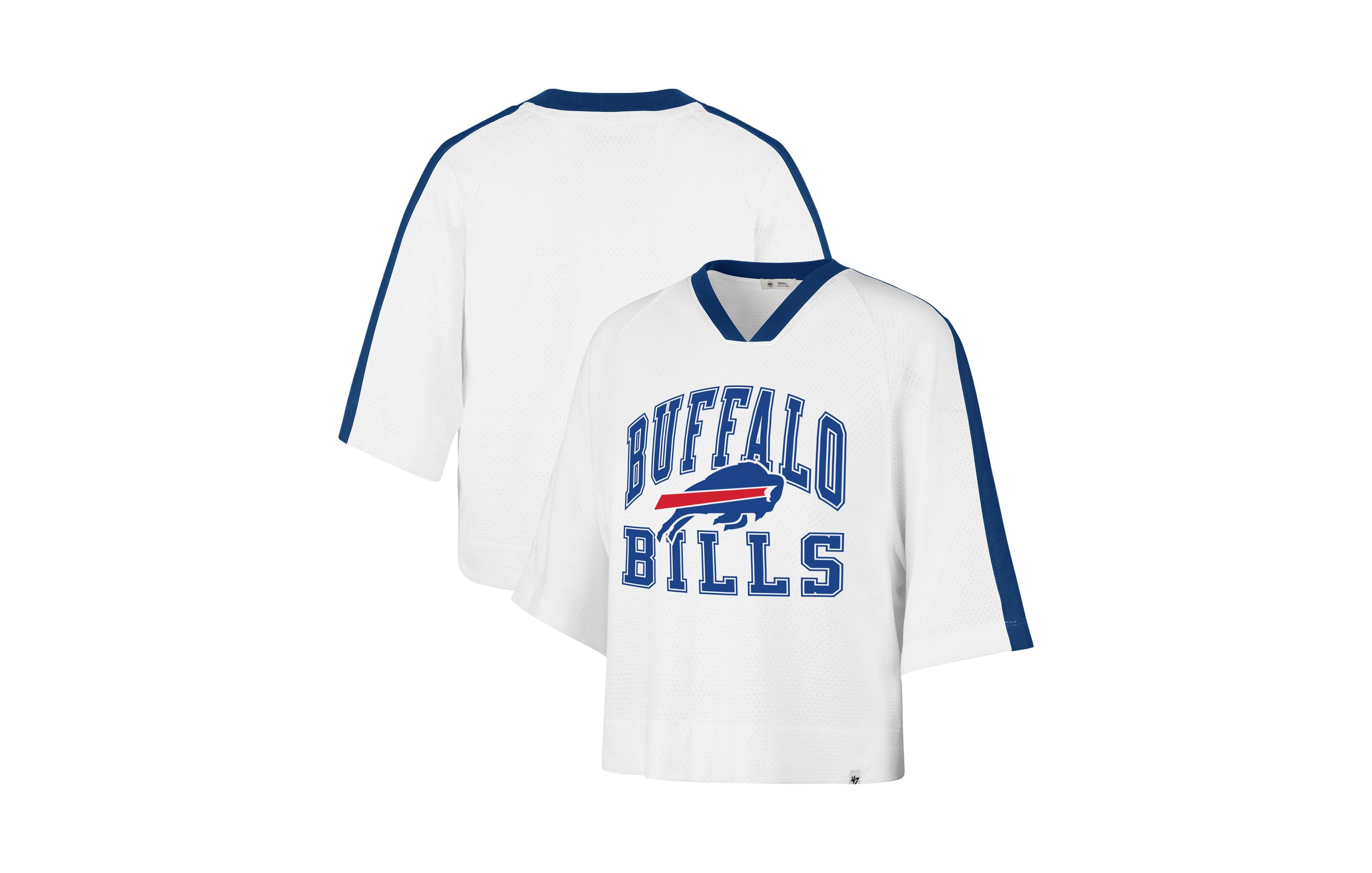 '47 Brand Women's White Buffalo Bills Big Overarch Drop Needle Raglan V-Neck T-Shirt