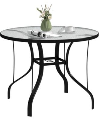 38" Round Patio Table with Umbrella Hole, Outdoor Dining Table Tempered Glass Metal Frame Bistro Table