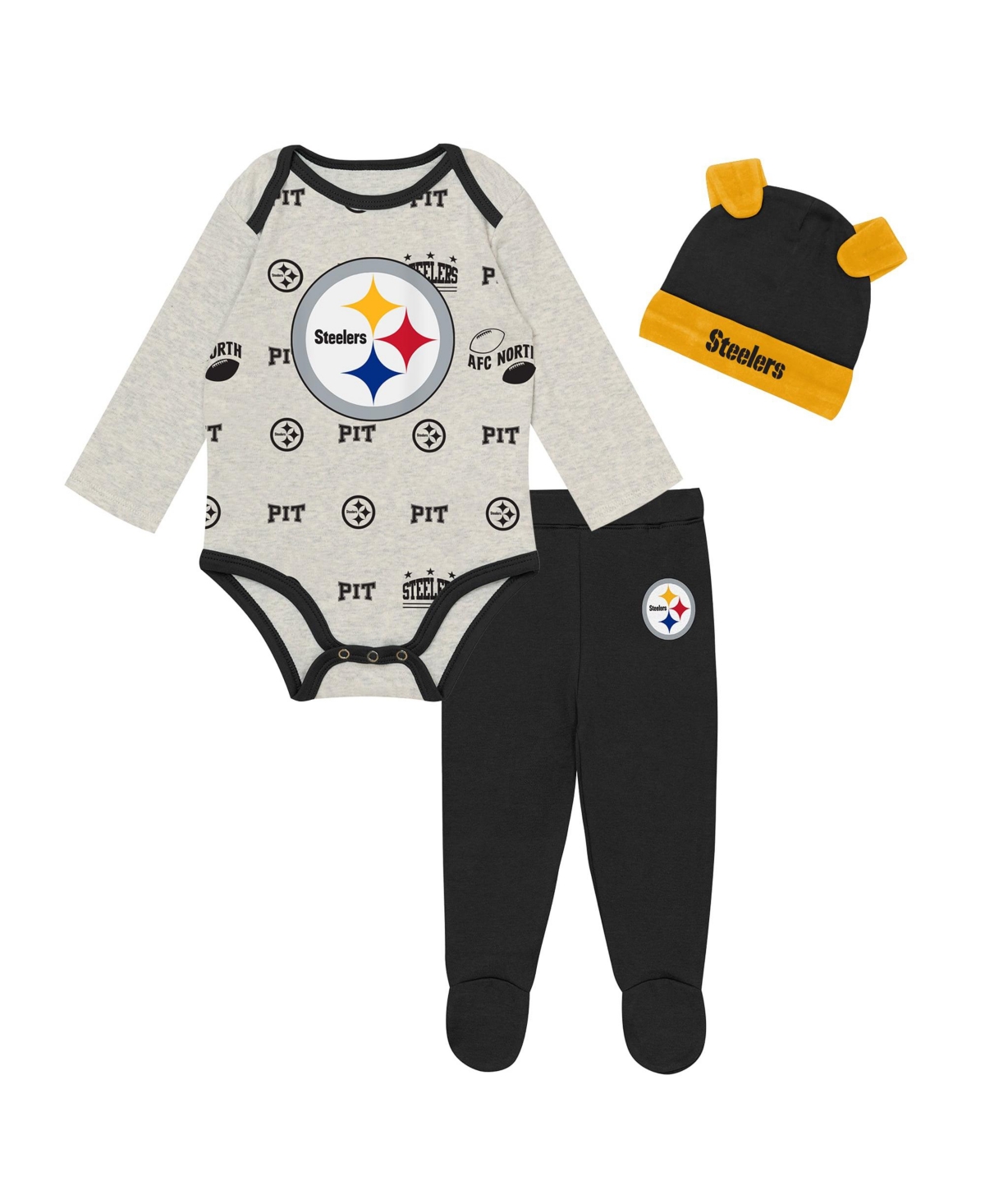 Outerstuff Baby Boys' And Girls' Heather Gray Pittsburgh Steelers Huddles Giggles Pant And Hat, 3-piece Set In Black