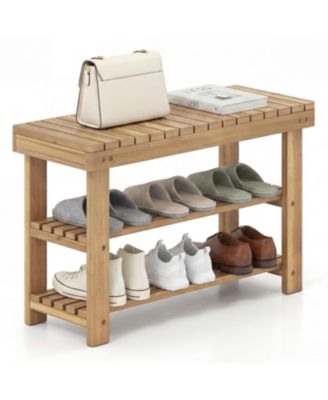 3 Tier Solid Wood Shoe Rack Bench with Slatted Shelves M