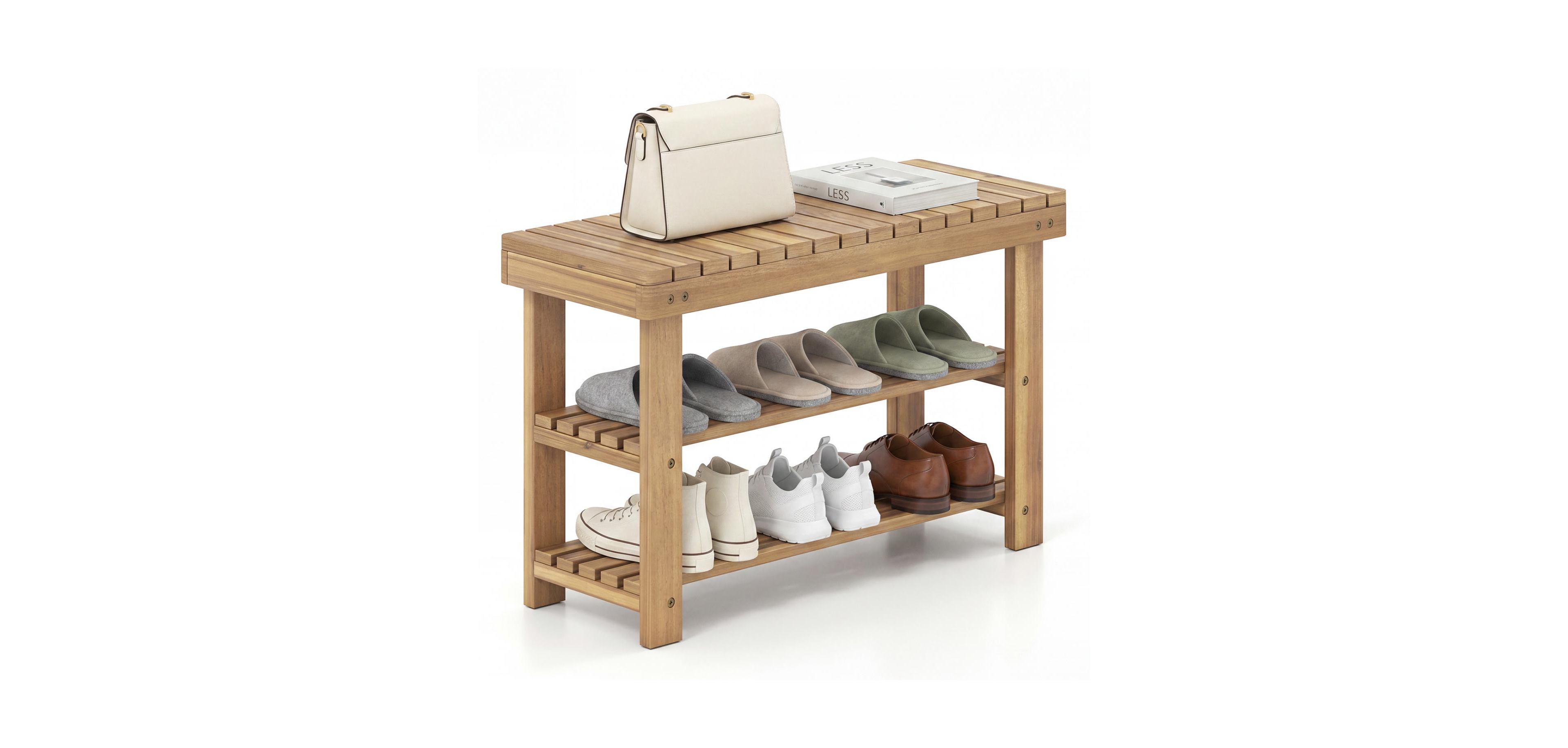 Mecale 3 Tier Solid Wood Shoe Rack Bench with Slatted Shelves M