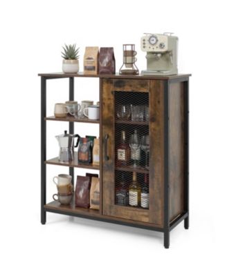 Industrial Side Cabinet with Metal Mesh Door and 3 Open Shelves
