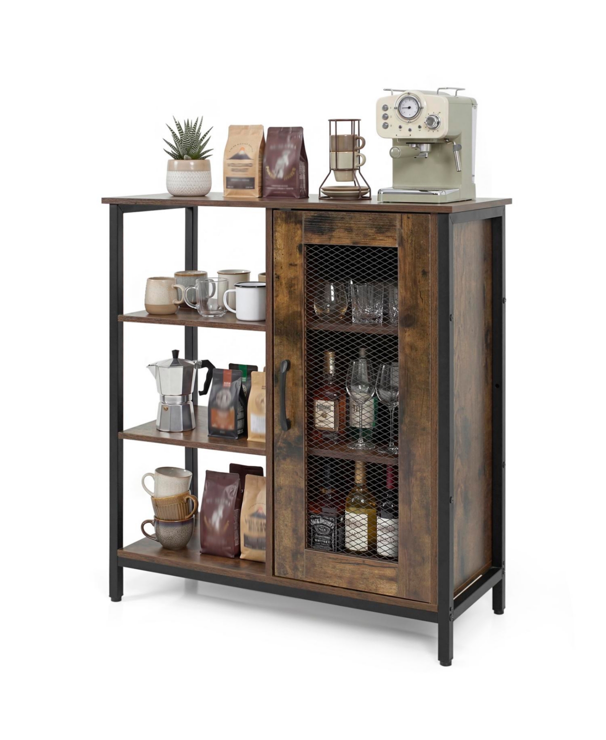Mecale Industrial Side Cabinet with Metal Mesh Door and 3 Open Shelves