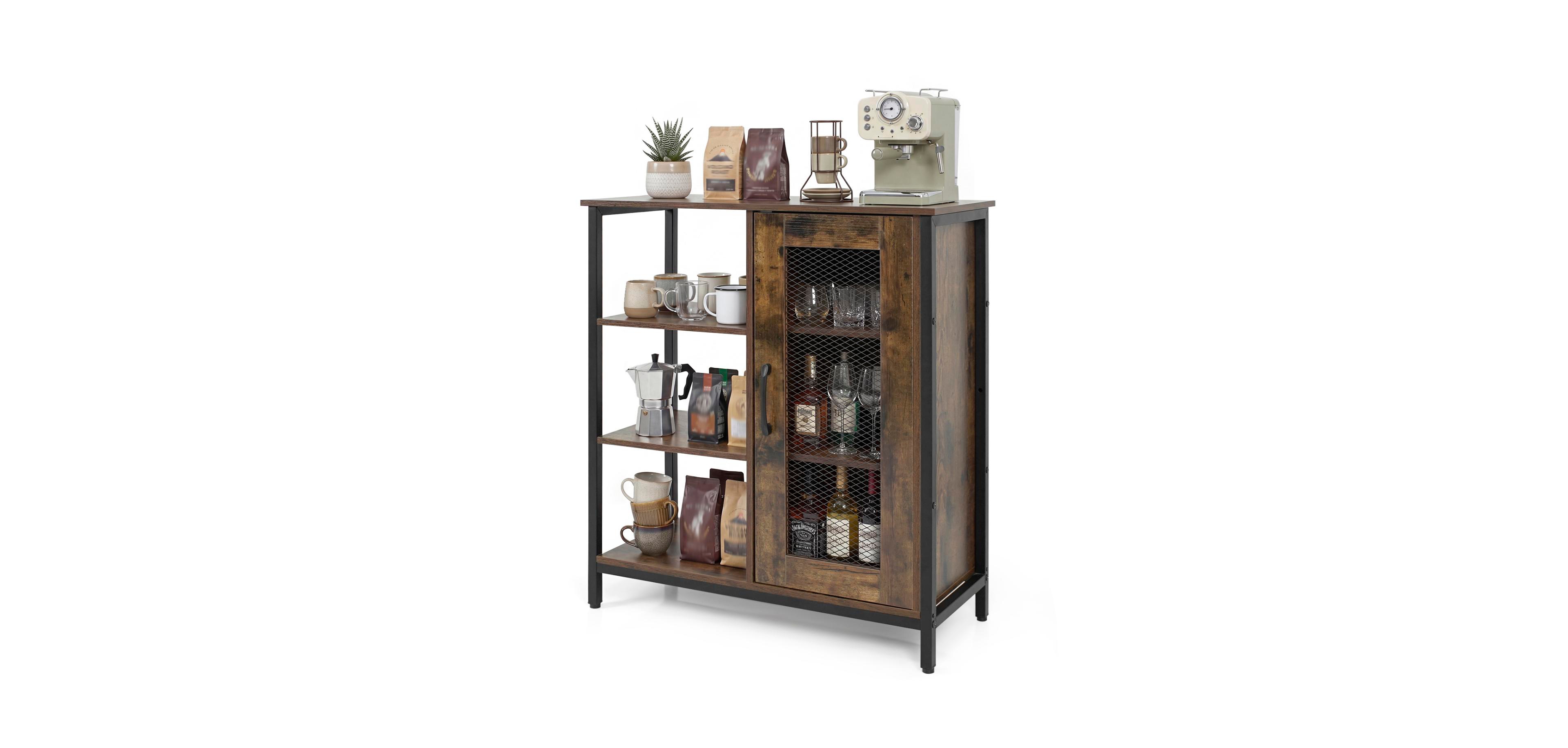 Mecale Industrial Side Cabinet with Metal Mesh Door and 3 Open Shelves