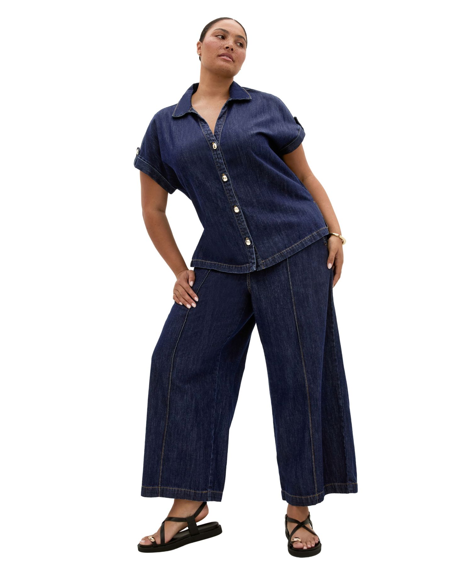 Plus Size Tilly High-Rise Wide-Leg Elastic-Back Cotton Denim Pants