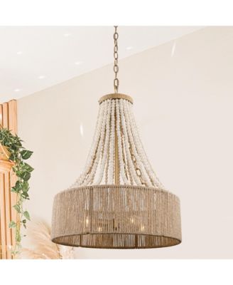 4-Light Bohemian Woven Hemp Rope Wood Beads Empire Chandelier