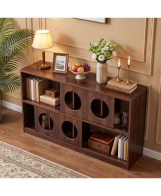 2-Tier Wide Bookcase with Round Cutout Design, Modern Low Storage Shelf for Living Room
