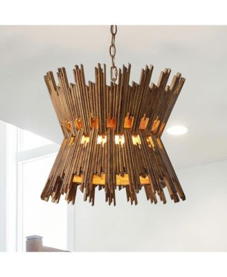 16" Retro Brass Wood Hourglass 4-Light Chandelier Geometric Metal Adjustable Pendant Light for Foyer