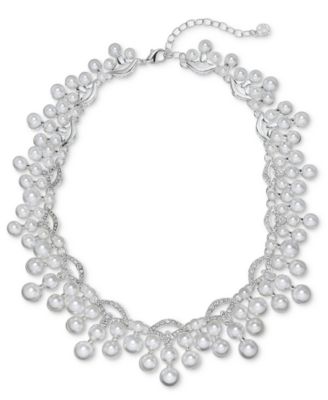 Imitation Pearl and Glass Crystal Scalloped Cluster Necklace