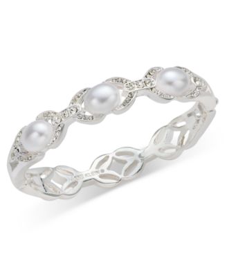 Imitation Pearl & Glass Crystal Silver-Tone Open Hinge Bracelet