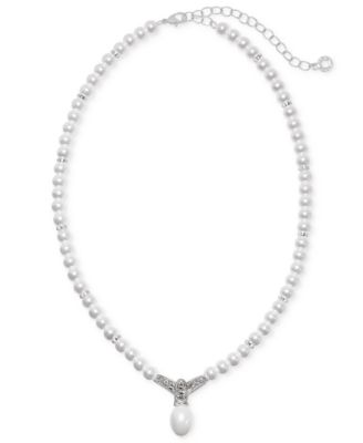 Women's Imitation Pearl and Glass Crystal Silver-Tone Pendant Necklace
