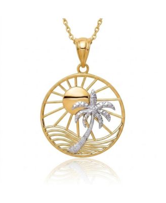 Solid 14k Two Tone Gold 18 Inch Sun and Palm Tree Circle Necklace - 27x20mm