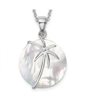 925 Sterling Silver 18 Inch Round Simulated Mother of Pearl Palm Tree Necklace -27x17mm