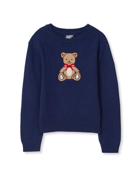 Свитер Lands' End Long-Sleeve Intarsia Graphic Crewneck для девочек, цвет: Тёмно-синий