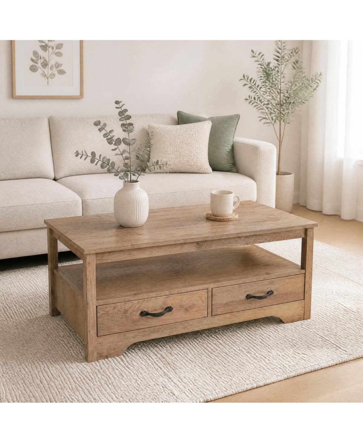 Farmhouse Coffee Table with 4 Drawers & Open Shelf, Walnut 18" H Wood – Double-Sided Drawers, Curved Base, Rustic for Living Room