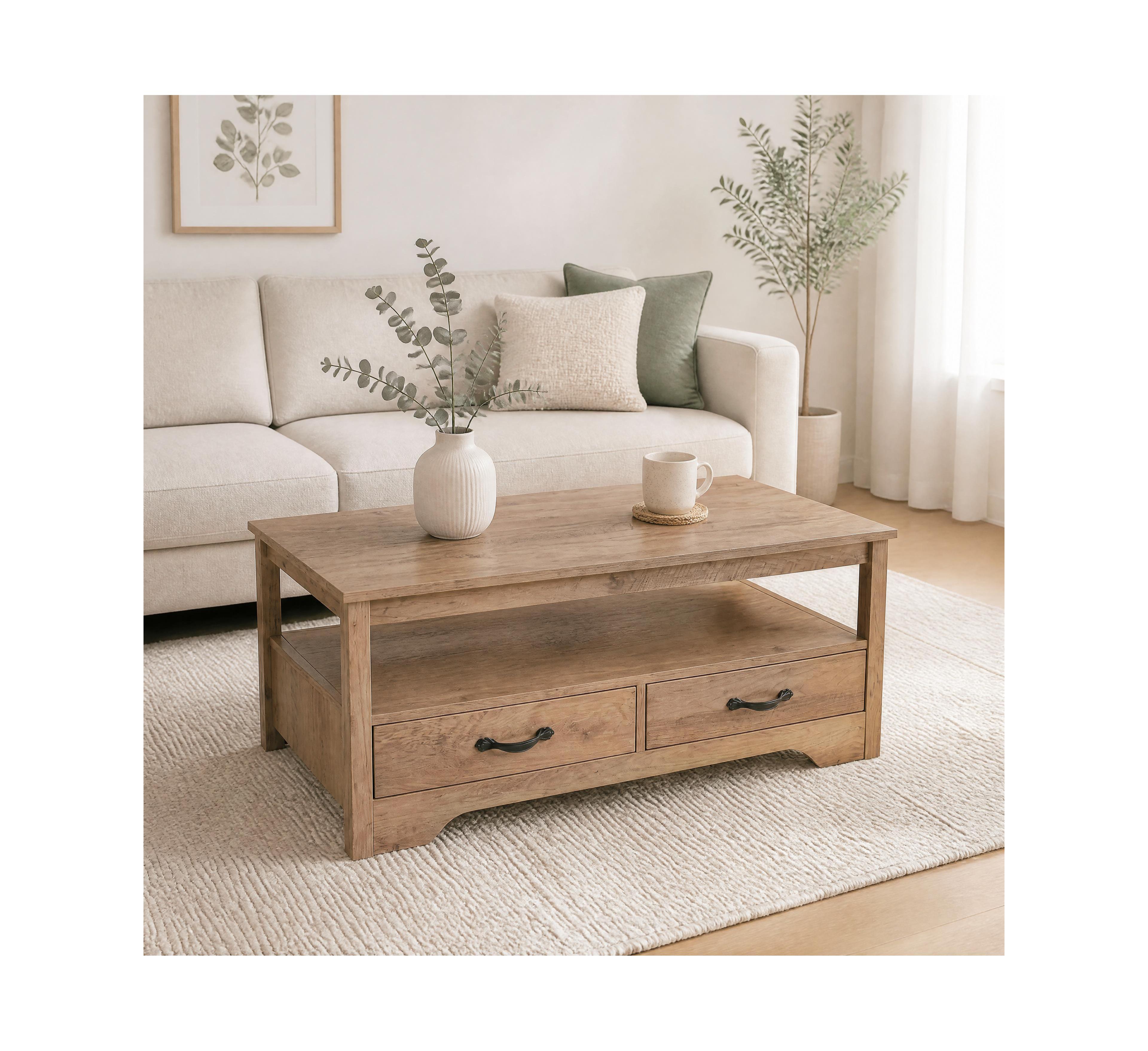 Farmhouse Coffee Table with 4 Drawers & Open Shelf, Walnut 18" H Wood – Double-Sided Drawers, Curved Base, Rustic for Living Room