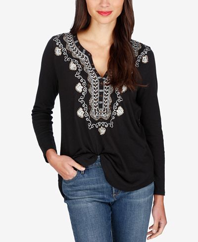 Lucky Brand Embroidered Split-Neck Top