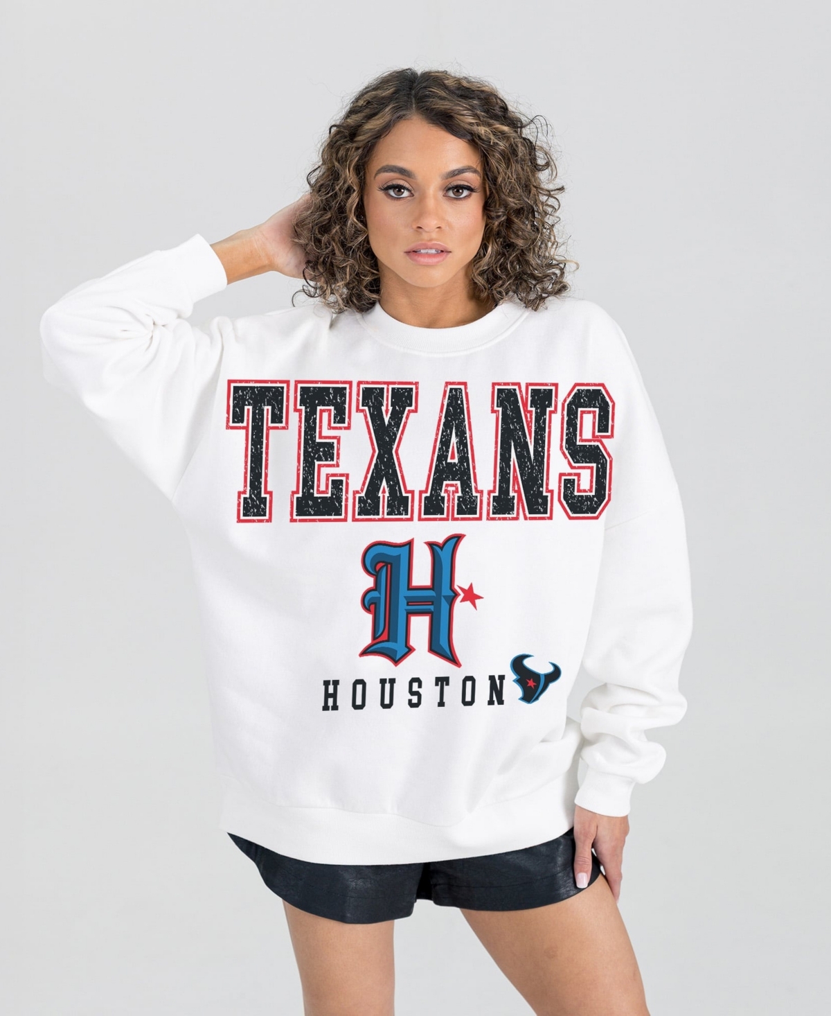 Women's Gameday Couture  White Houston Texans Classic Sunday Drives Oversized Premium Fleece Pullover Sweatshirt