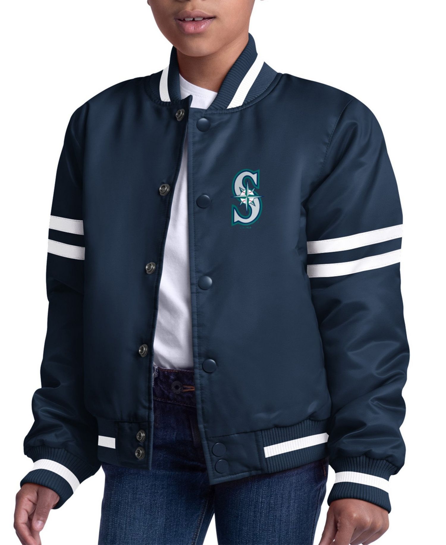 Big Boys and Girls Navy Seattle Mariners Team Logo Full-Snap Satin Varsity Jacket