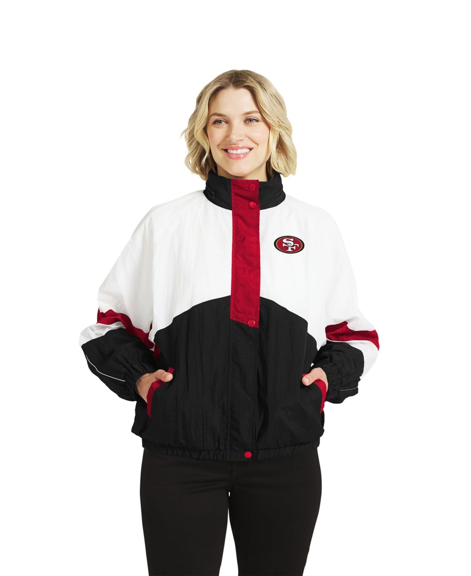 Women's White/Black San Francisco 49ers Crinkle Full-Snap Hooded Windbreaker Jacket