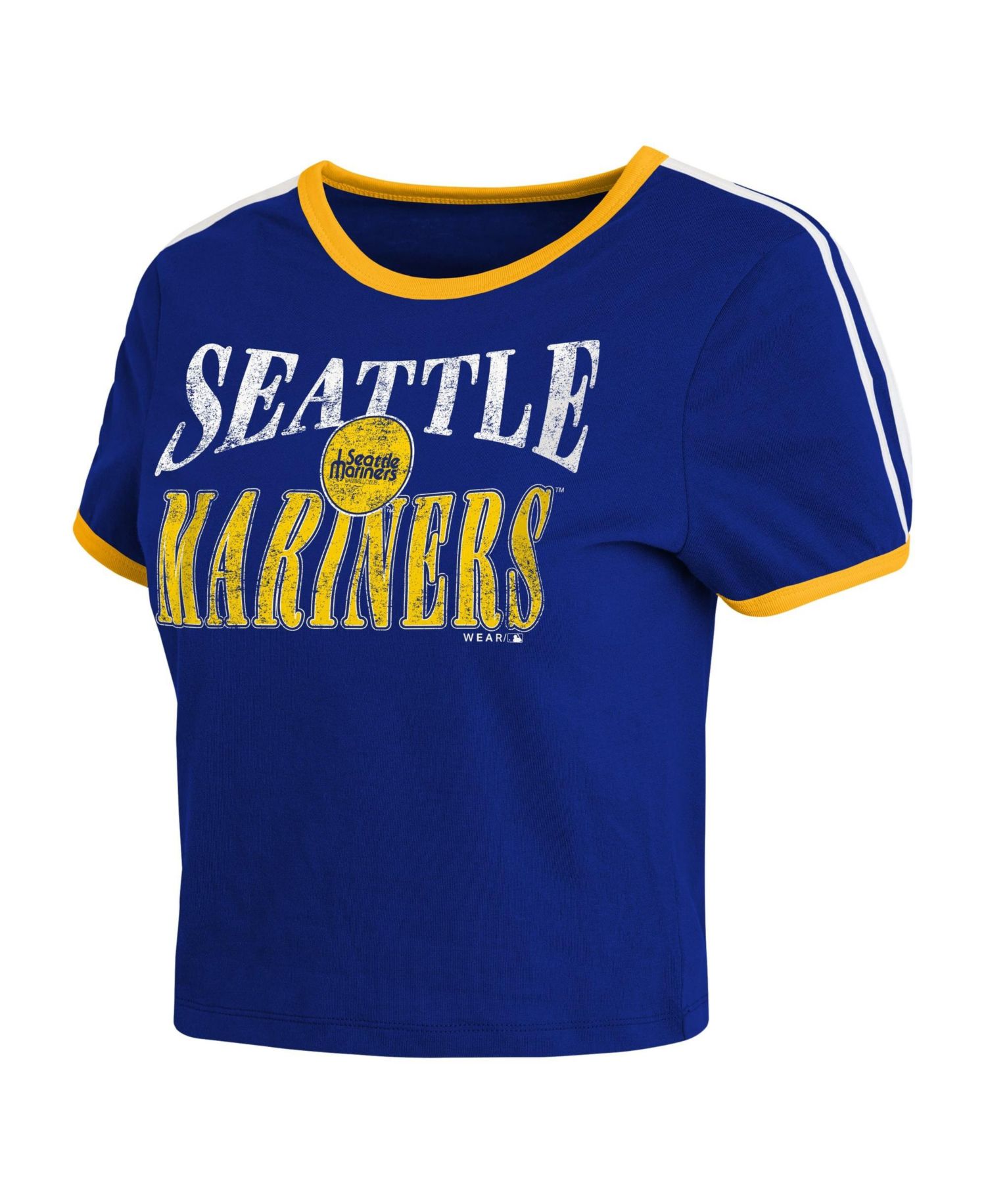 Women's Navy Seattle Mariners Cropped Throwback Ringer Baby T-Shirt