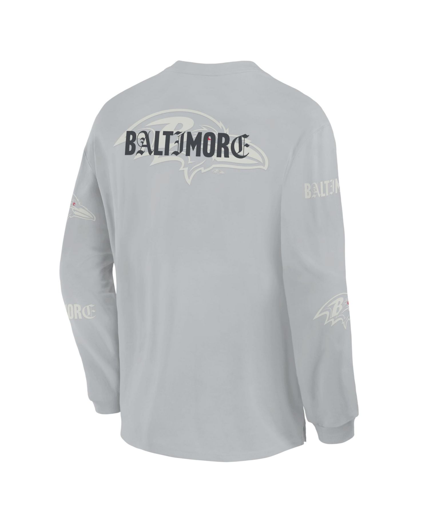 Men's Gray Baltimore Ravens Oversized Type Play Long Sleeve T-Shirt