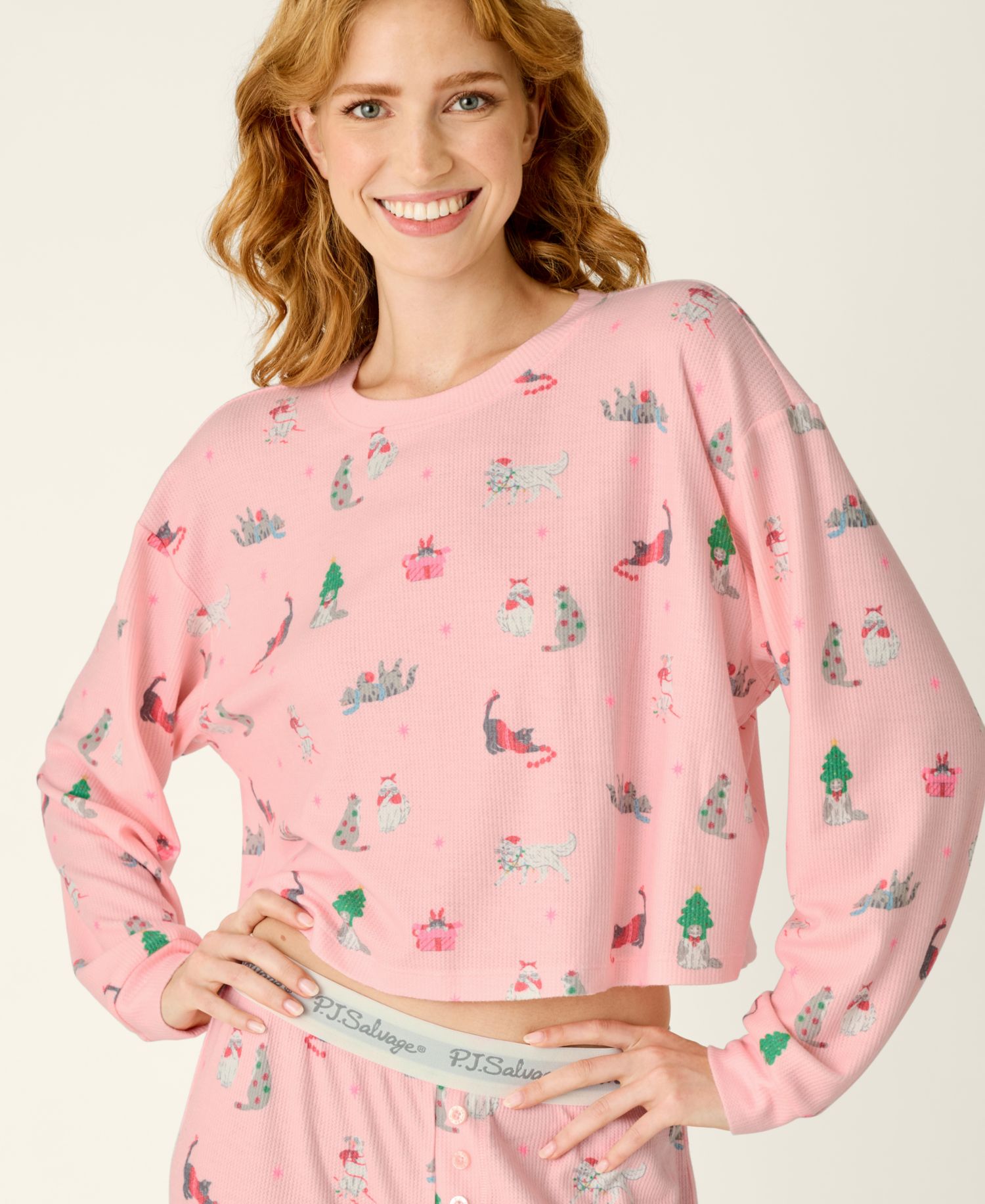 Women's Waffle-Knit Boyfriend Boxer Long-Sleeve Top and Pants, 2-Piece Set