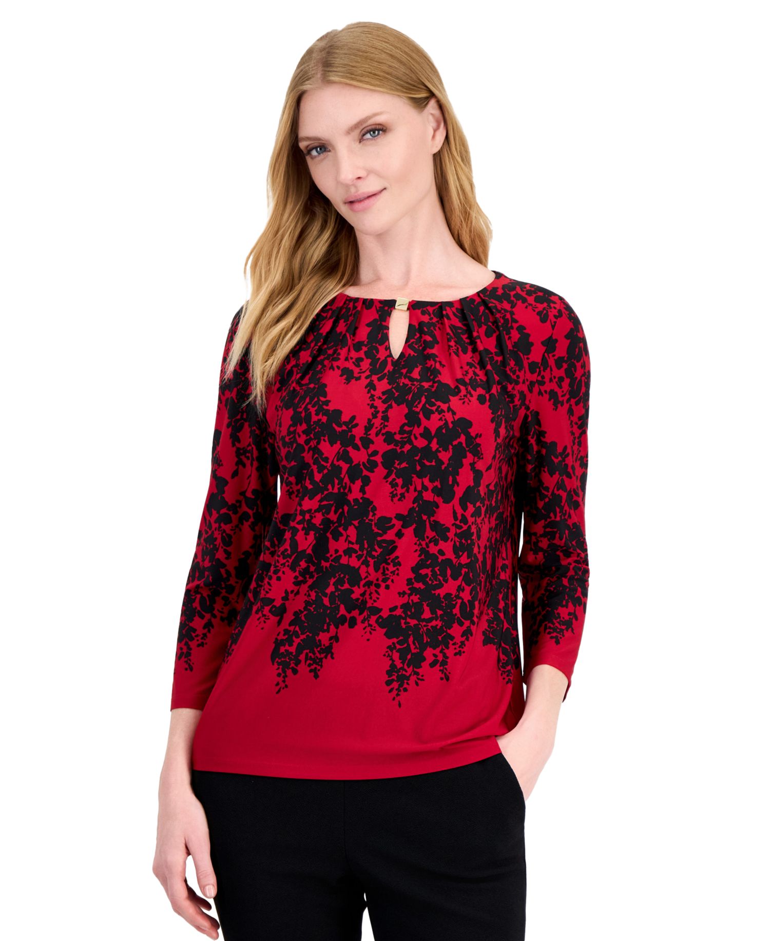 Women's 3/4-Sleeve Floral-Print Pleated-Neckline Blouse