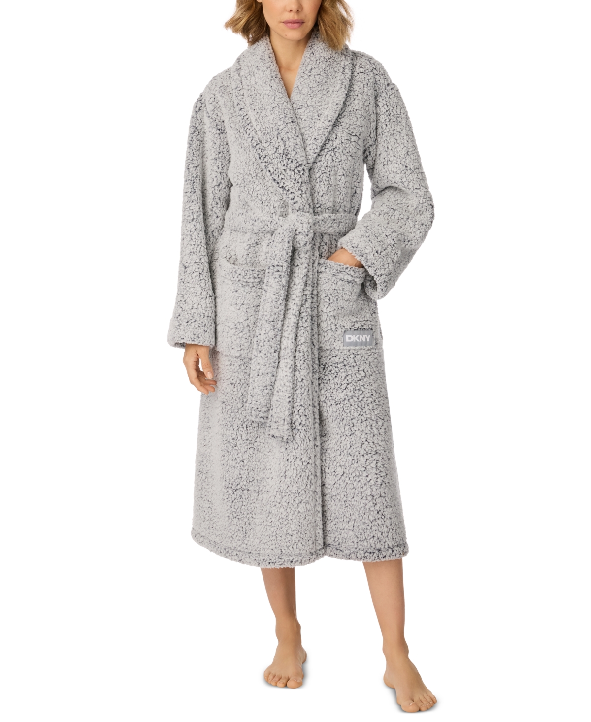 Dkny Women's Long-Sleeve Sherpa Wrap Robe - Gray