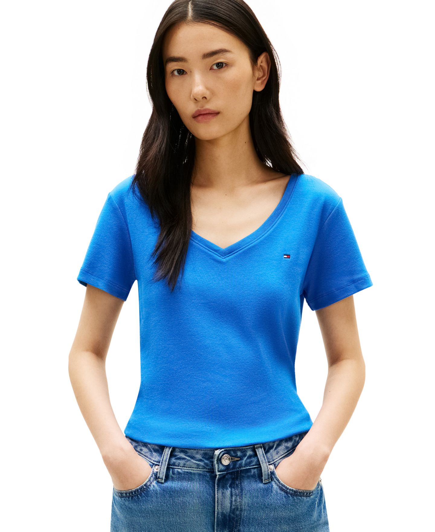 Женская футболка Tommy Hilfiger Rib Slim V-Neck Short-Sleeve T-Shirt, цвет: Чёрный — фото 11