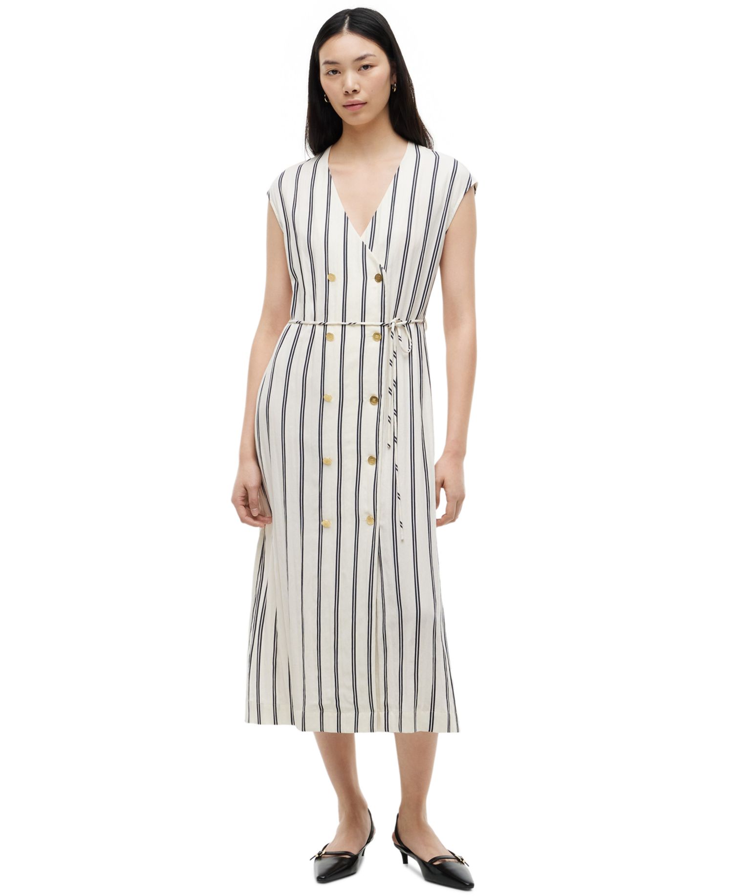 Women's Nautical Stripe Button-Front V-Neck Linen-Blend Midi Dress