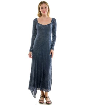 Juniors' Long Sleeve V-Neck Velvet Burnout Midi Dress