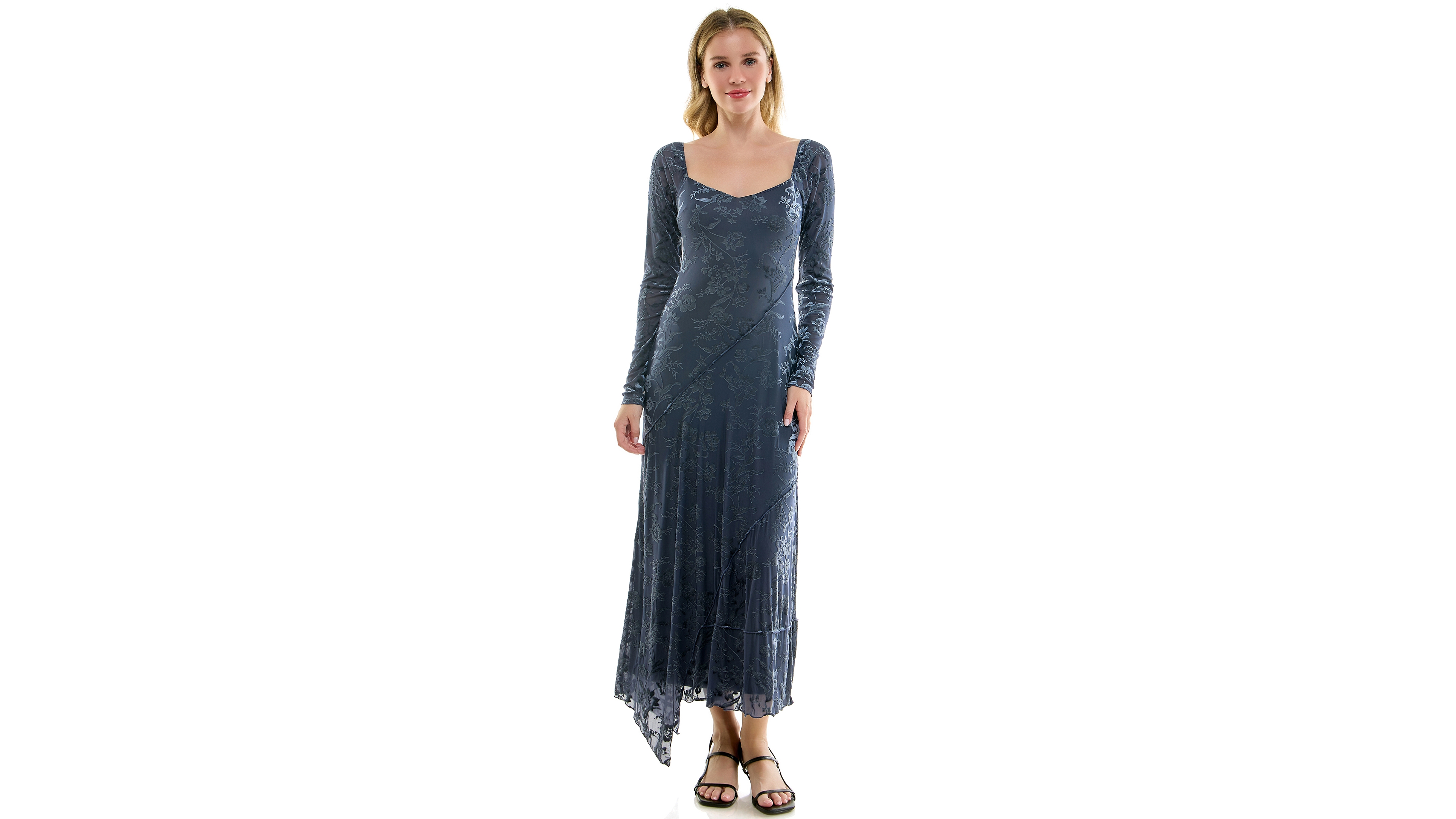 Row A Juniors' Long Sleeve V-Neck Velvet Burnout Midi Dress