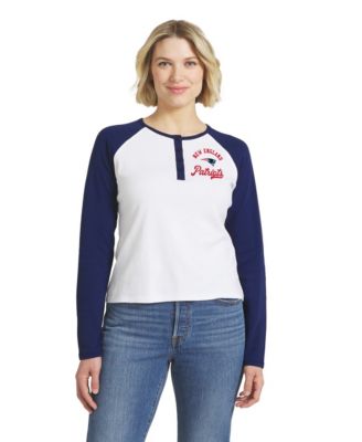 Women's White/Navy New England Patriots Henley Long Sleeve Raglan T-Shirt