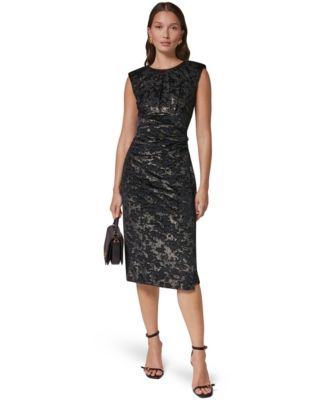 Women's Velvet Jacquard Sleeveless Ruched Midi Sheath Dress
