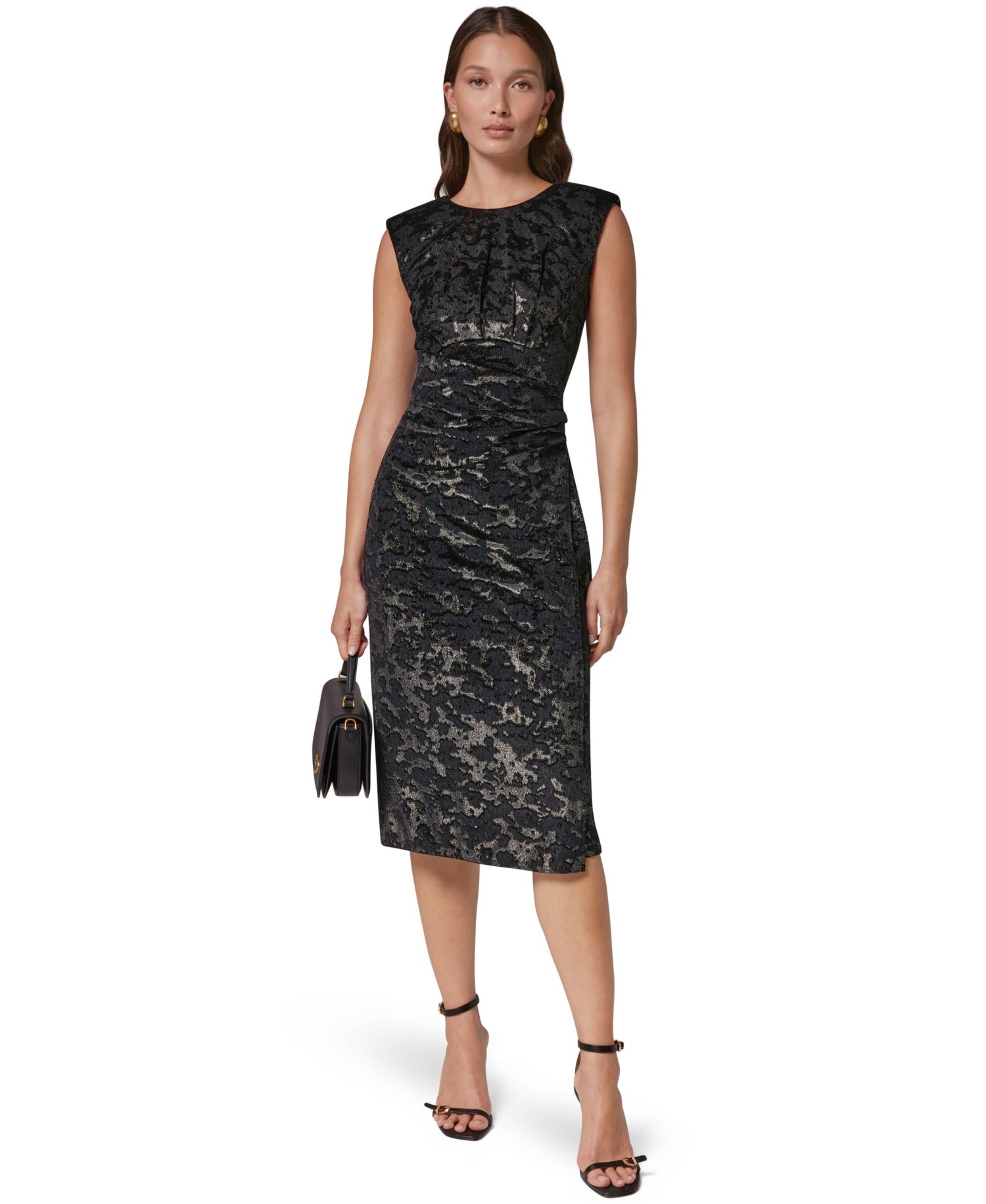 Women's Velvet Jacquard Sleeveless Ruched Midi Sheath Dress