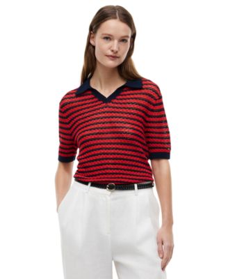 Women's Pointelle Collar V-Neck Sweater