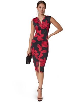 Women's Floral-Print V-Neck Sleeveless Sheath Midi Dress