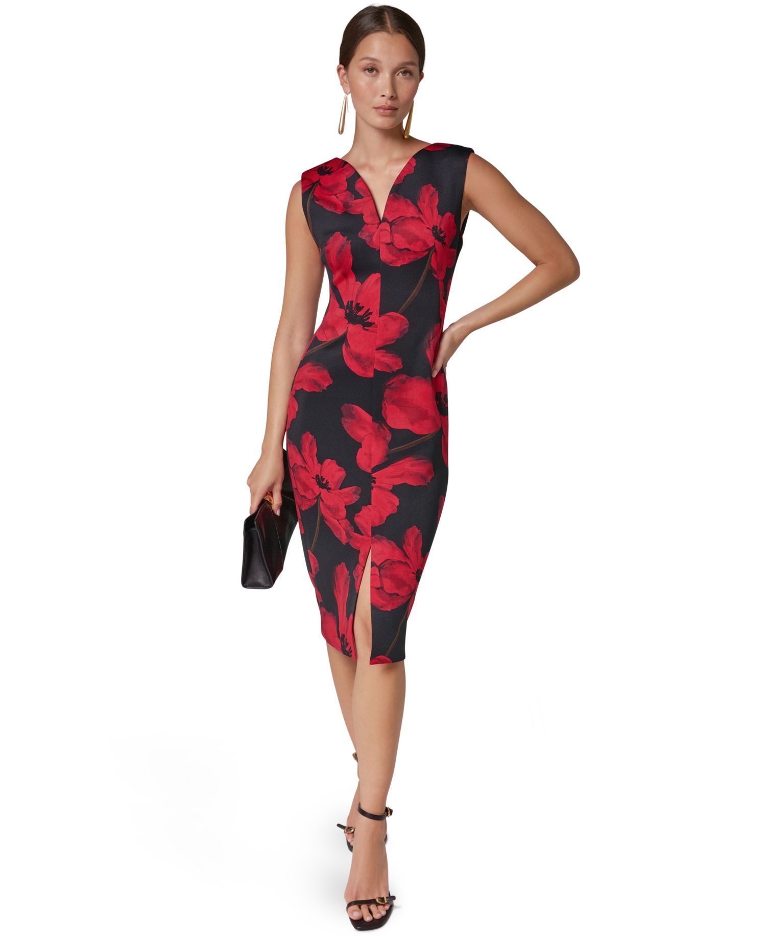 Women's Floral-Print V-Neck Sleeveless Sheath Midi Dress