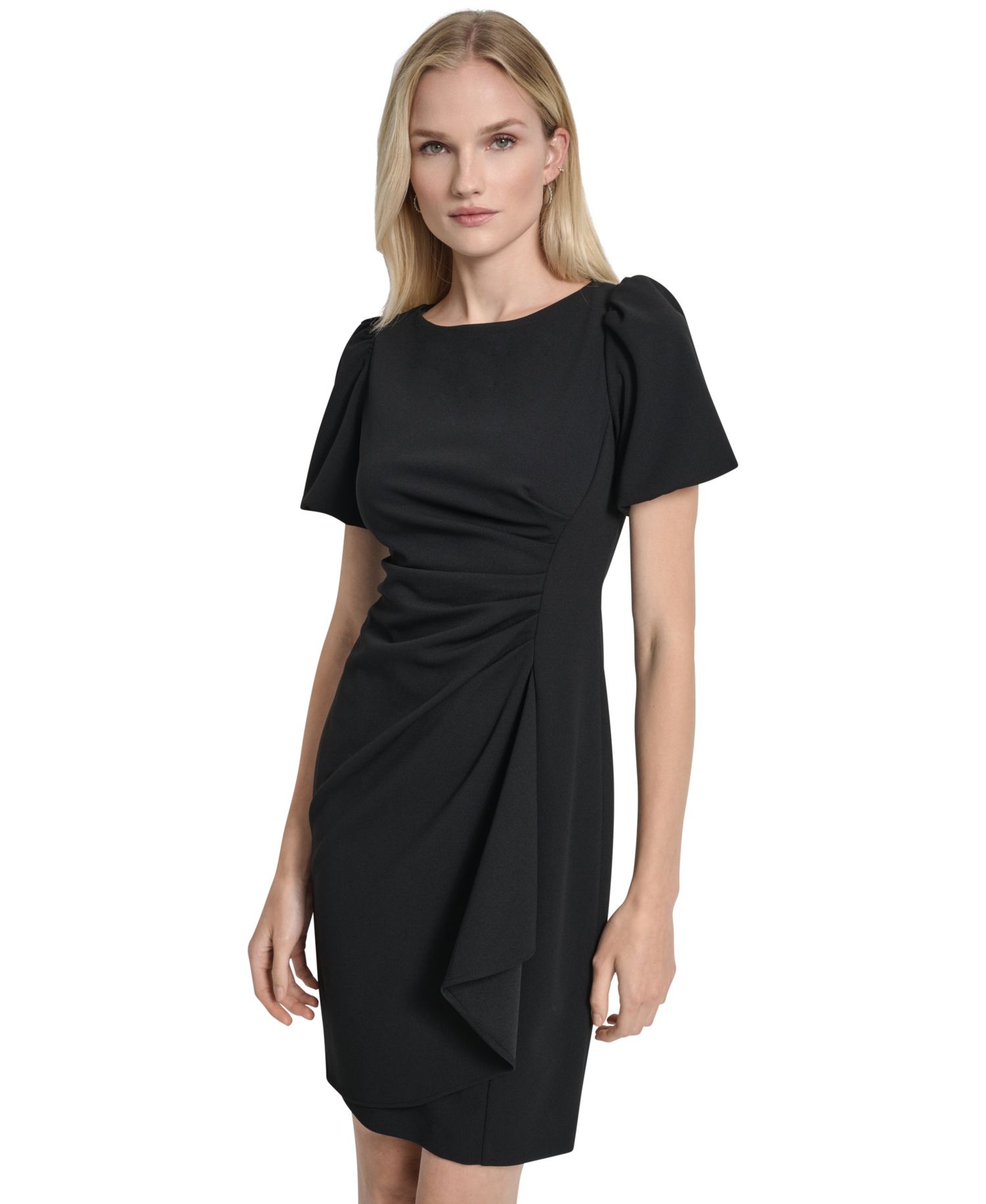 Women's Bubble Sleeve Ruched Jewel Neck Sheath Dress