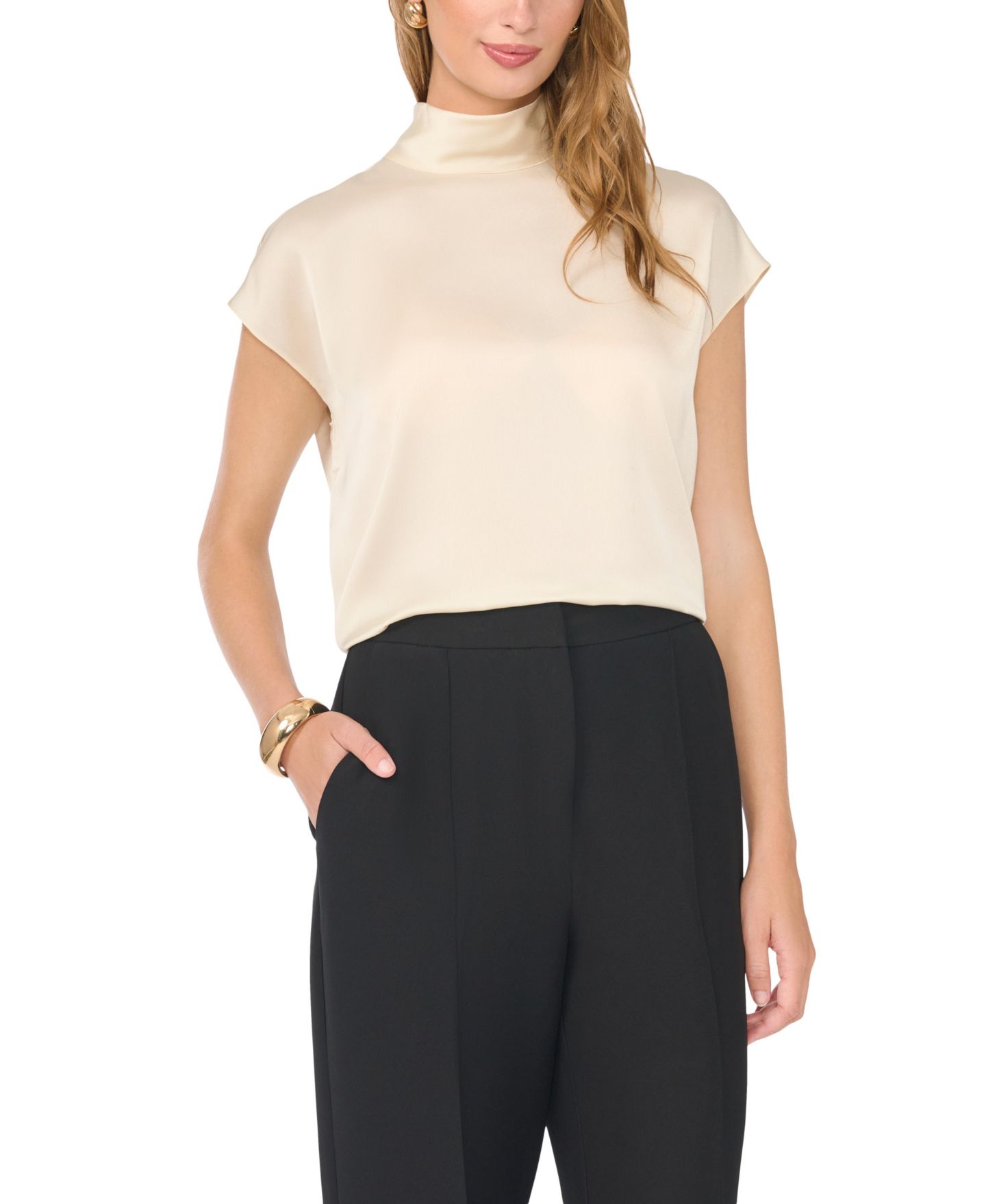 Женская блузка Vince Camuto Mock Neck Short-Sleeve Satin, цвет: Берёзовый — фото 6