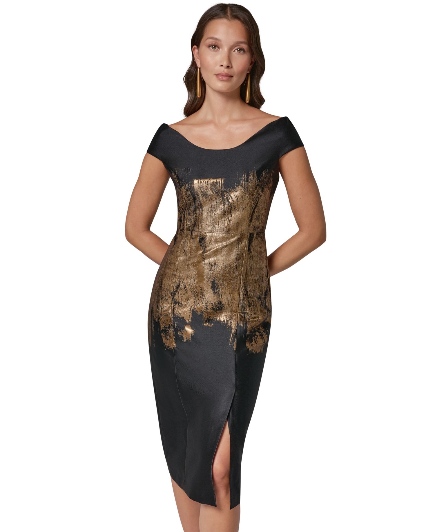 Women's Off-the-Shoulder Metallic Brushstroke Sheath Dress