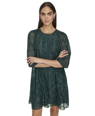 Women's Metallic Geometric-Print 3/4-Sleeve Shift Dress