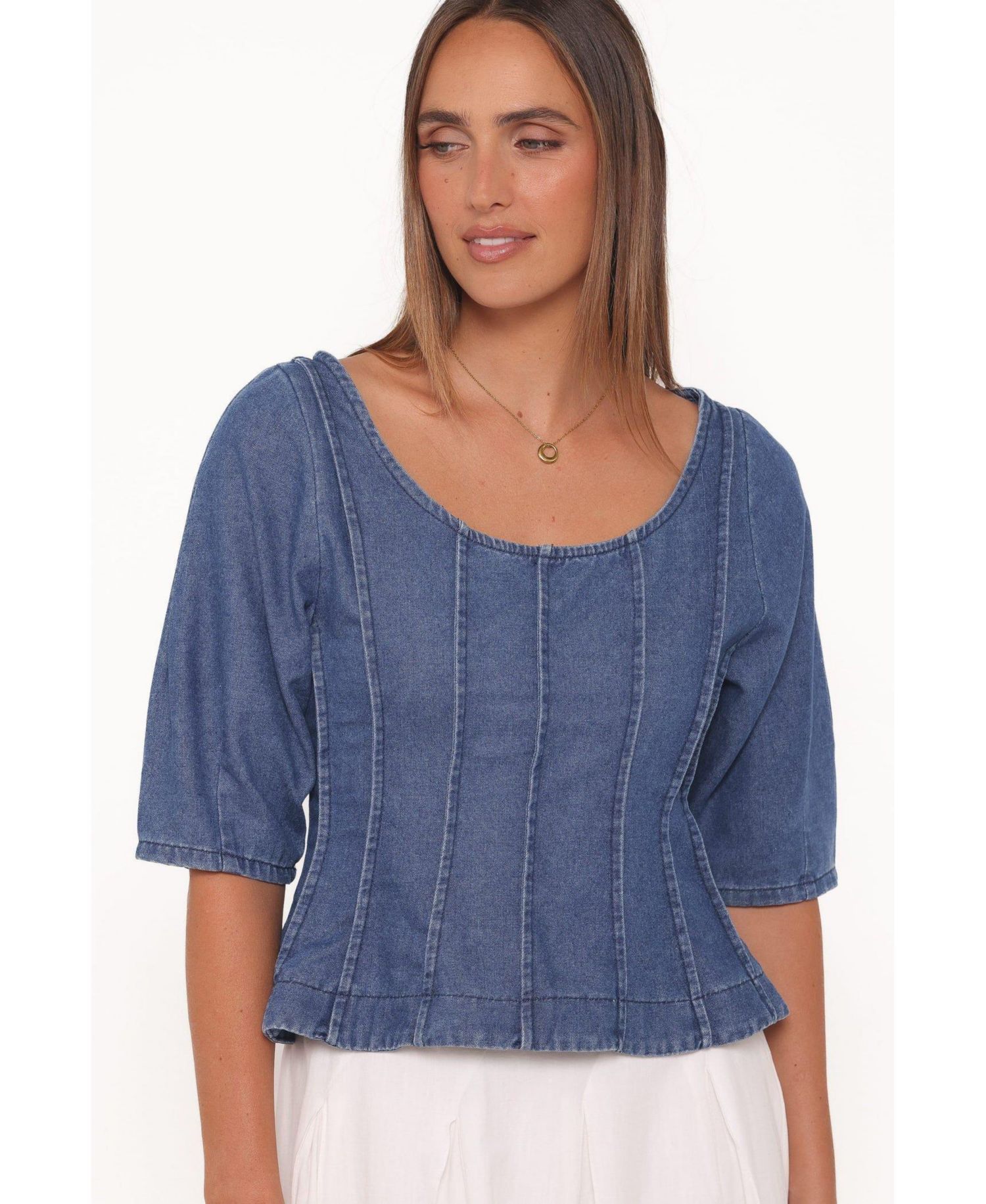 Women's Saylor Denim Peplum Scoop Neck Top