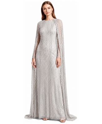 Women's High-Neck Beaded Long-Cape Gown