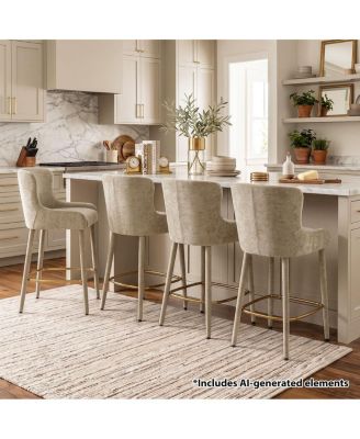 Modern Luxury Counter-Height Bar Stools Set of 4, Wingback Chenille Upholstered Seating, Wraparound Gold-Tone Footrest