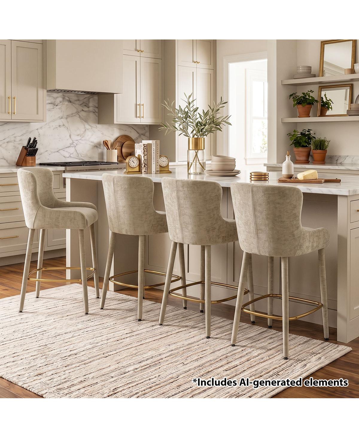 Maison Boucle Modern Luxury Counter-Height Bar Stools Set of 4, Wingback Chenille Upholstered Seating, Wraparound Gold-Tone Footrest
