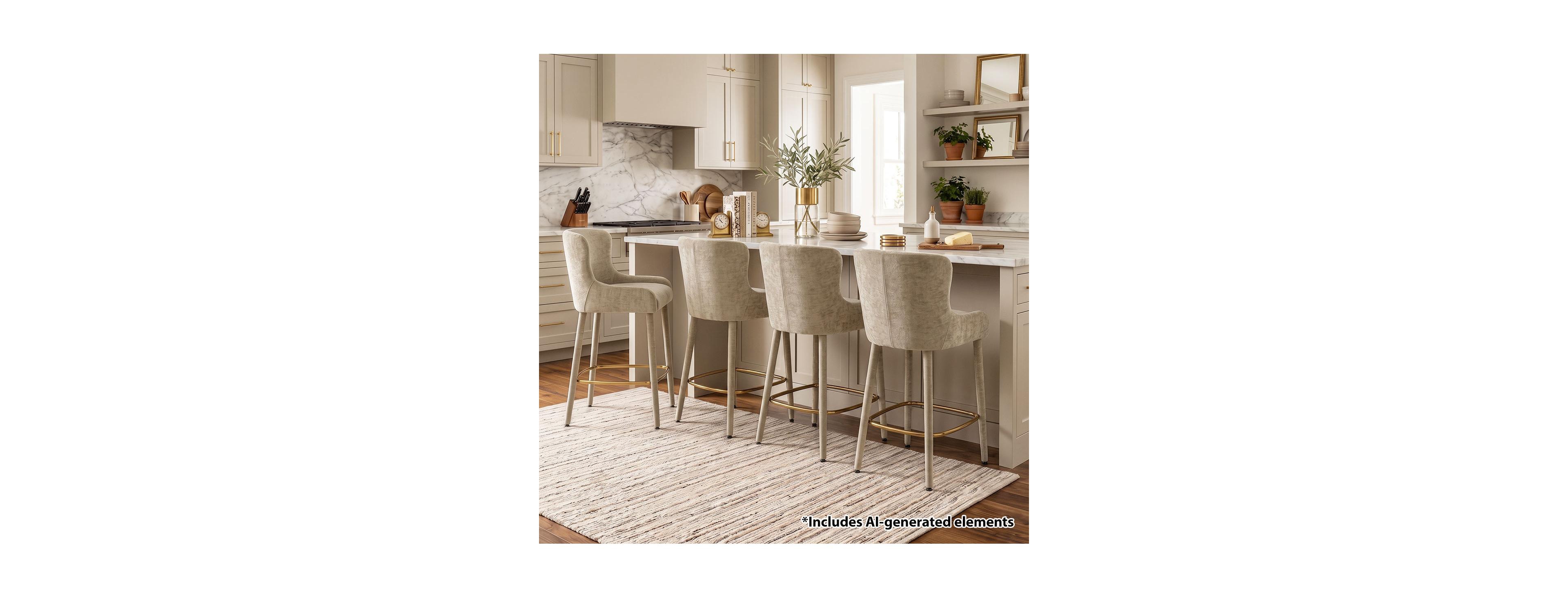 Maison Boucle Modern Luxury Counter-Height Bar Stools Set of 4, Wingback Chenille Upholstered Seating, Wraparound Gold-Tone Footrest