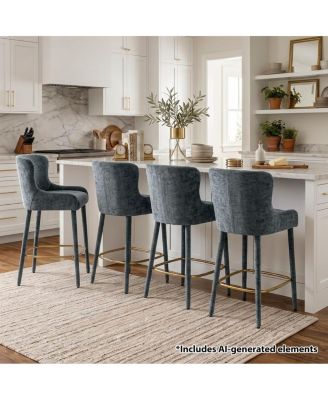 Modern Luxury Counter-Height Bar Stools Set of 4, Wingback Chenille Upholstered Seating, Wraparound Gold-Tone Footrest