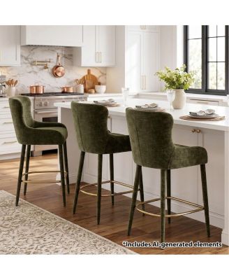 Counter-Height Wingback Counter Stools Set of 3, Chenille Upholstered, Tone Footrest, 26.5" Seat Height